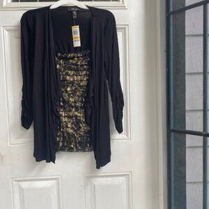 INC Twin Set Black Gold Layered 3/4 Sleeve Popover Faux Twin Set 1 Piece NWT PM